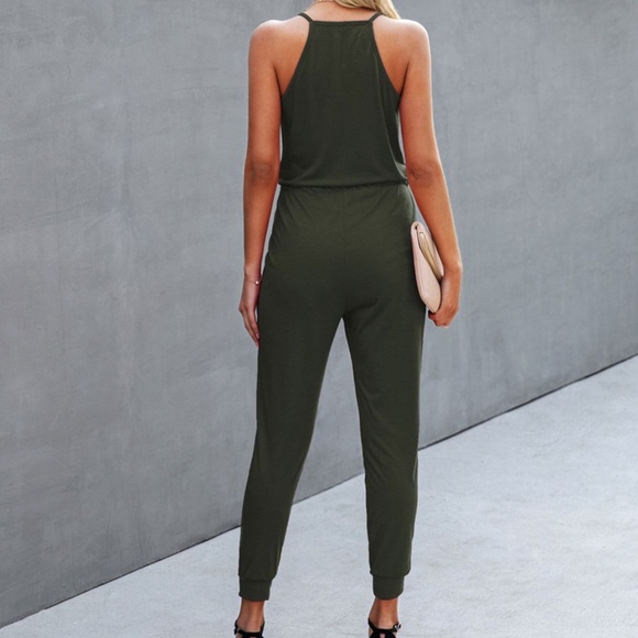 Drawstring Button Front Cami Jumpsuit Boho Olive - Picture 9 of 10